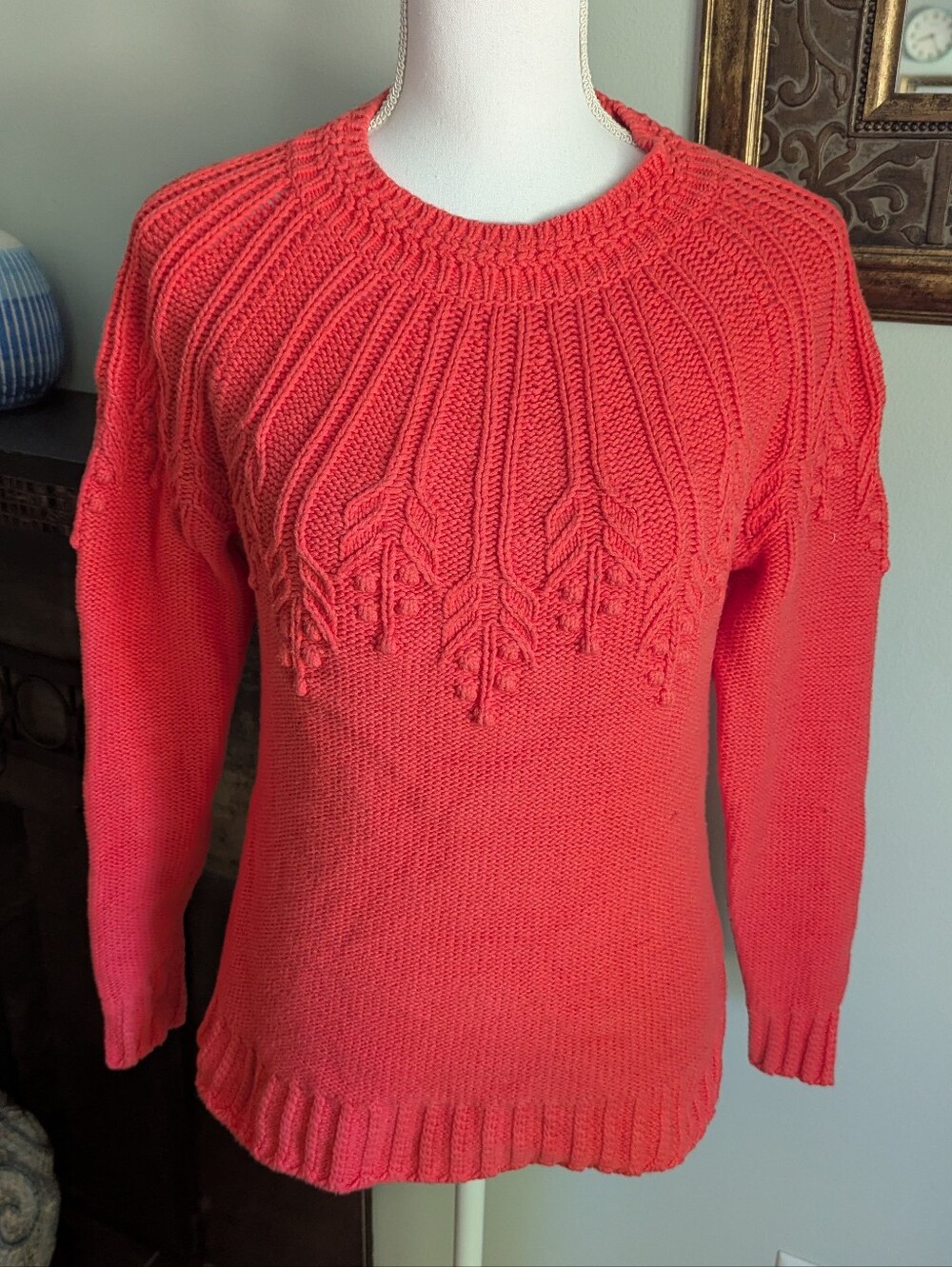 Talbots Women's Small Petite Yoke Wheat Stitch Sweater Pullover Coral Red
